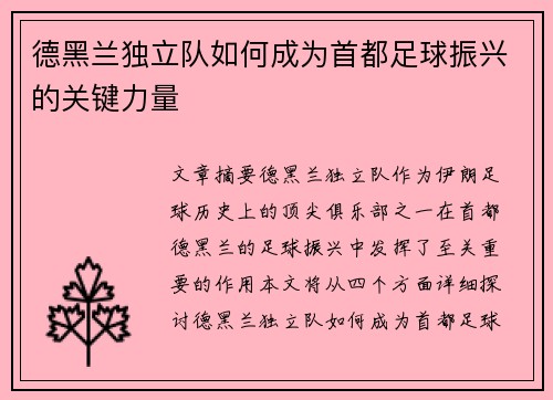 德黑兰独立队如何成为首都足球振兴的关键力量 德黑兰独立队如何成为首都足球振兴的关键力量