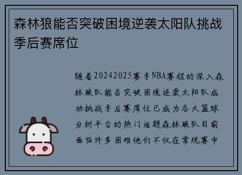 森林狼能否突破困境逆袭太阳队挑战季后赛席位 森林狼能否突破困境逆袭太阳队挑战季后赛席位