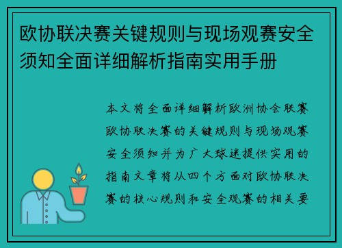欧协联决赛关键规则与现场观赛安全须知全面详细解析指南实用手册
