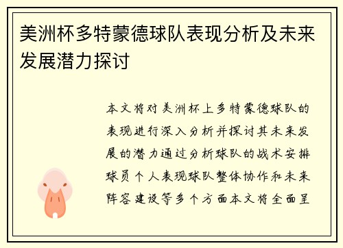 美洲杯多特蒙德球队表现分析及未来发展潜力探讨