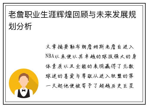 老詹职业生涯辉煌回顾与未来发展规划分析 老詹职业生涯辉煌回顾与未来发展规划分析