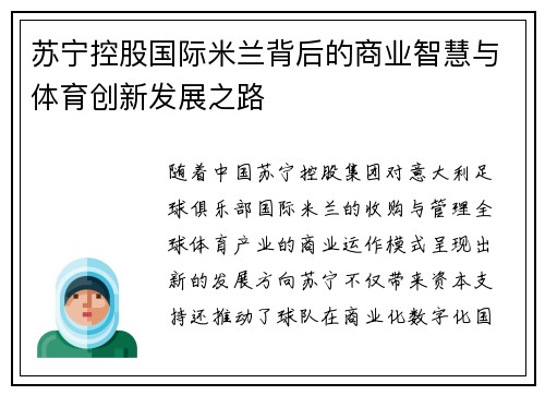 苏宁控股国际米兰背后的商业智慧与体育创新发展之路 苏宁控股国际米兰背后的商业智慧与体育创新发展之路