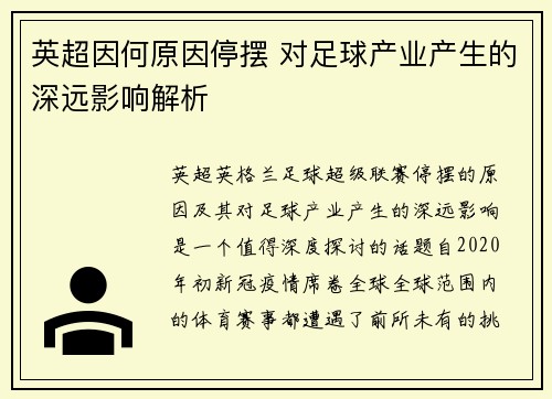 英超因何原因停摆 对足球产业产生的深远影响解析