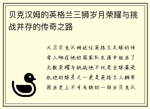 贝克汉姆的英格兰三狮岁月荣耀与挑战并存的传奇之路 贝克汉姆的英格兰三狮岁月荣耀与挑战并存的传奇之路
